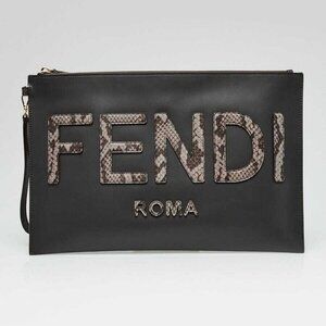 Fendi Black/Grey Leather/Snakeskin Zip Large Flat Wristlet Pouch 8N0178